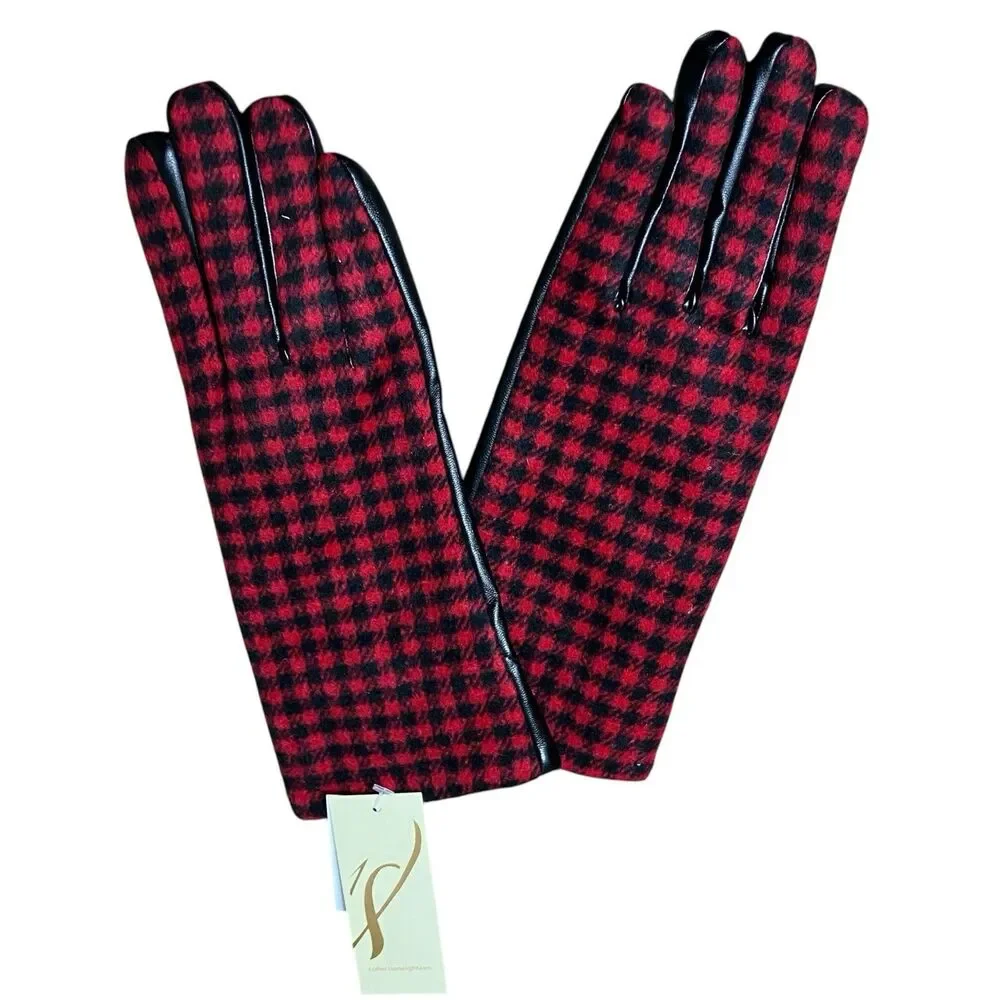 Houndstooth Gloves Womens M Red Black Faux Leather Winter Collection Eighteen